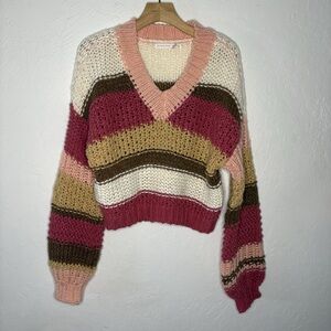 Altar'd State Womens S Chunky Knit‎ Sweater Vneck Striped Long Sleeve College